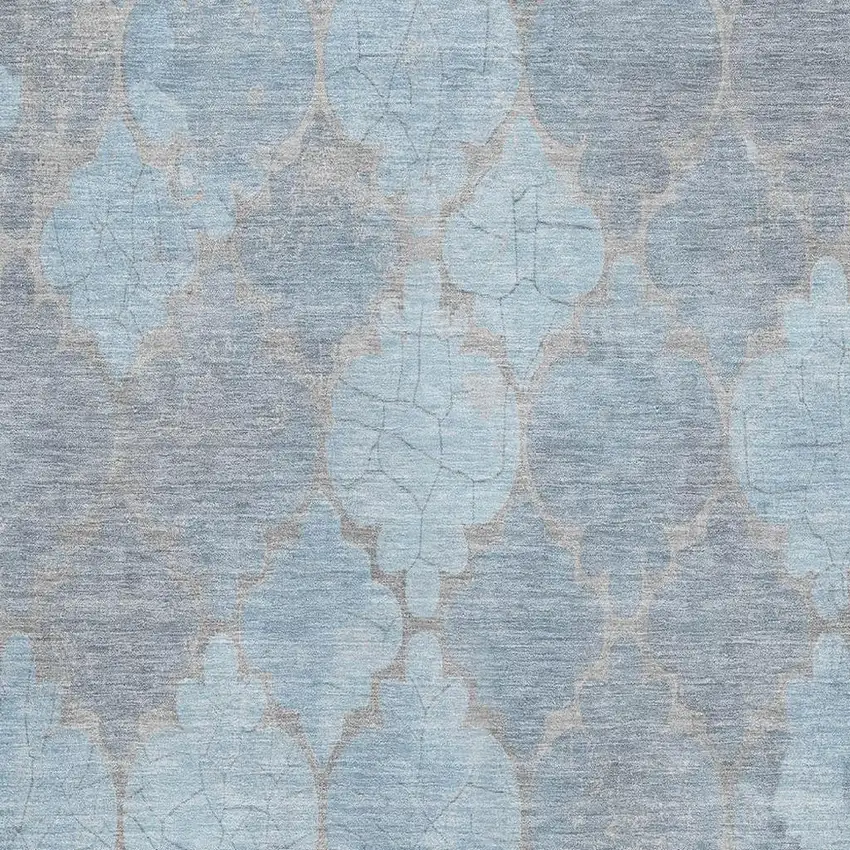 Denim Blue And Beige Damask Washable Area Rug With UV Protection Photo 2