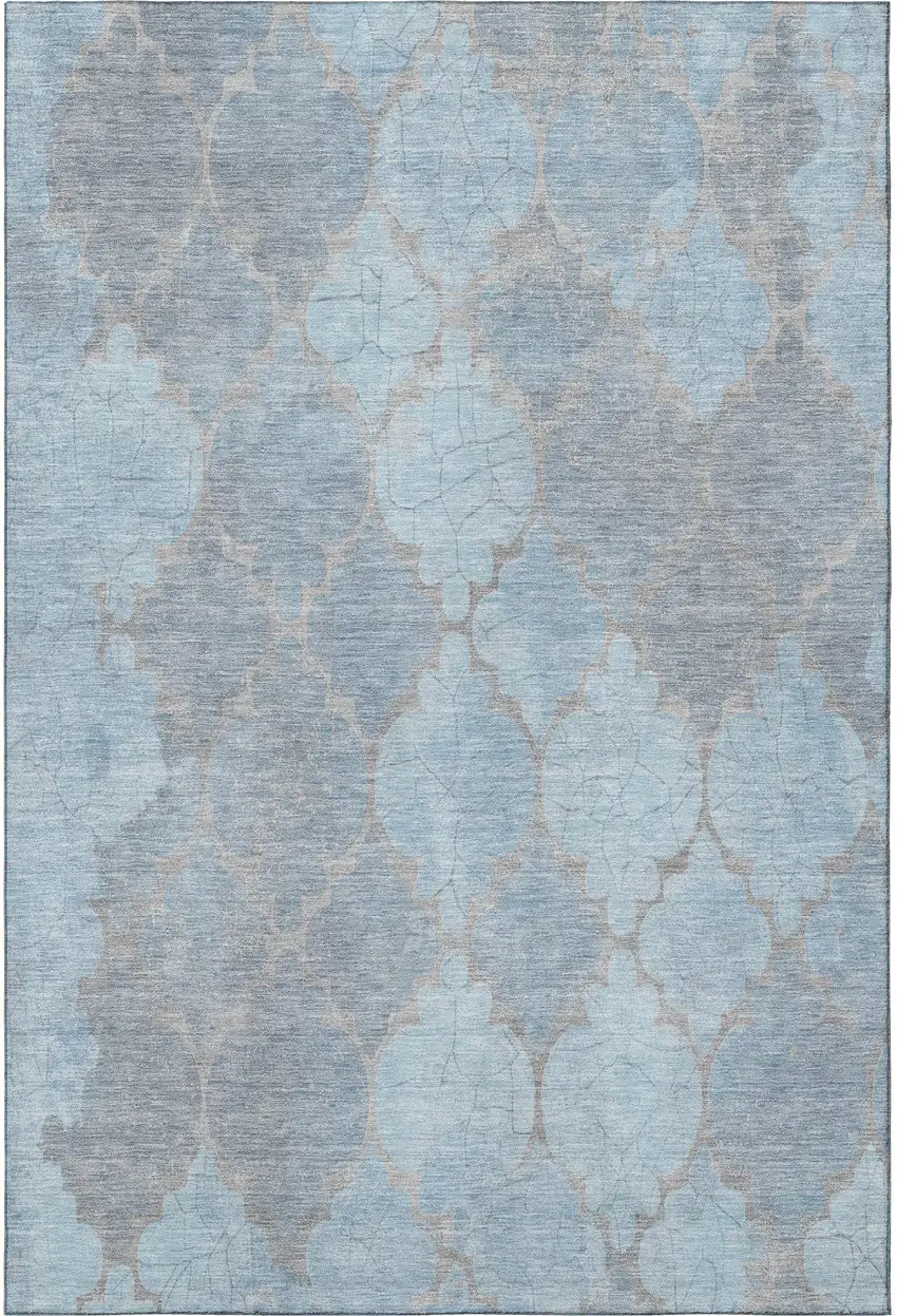Denim Blue And Beige Damask Washable Area Rug With UV Protection Photo 2