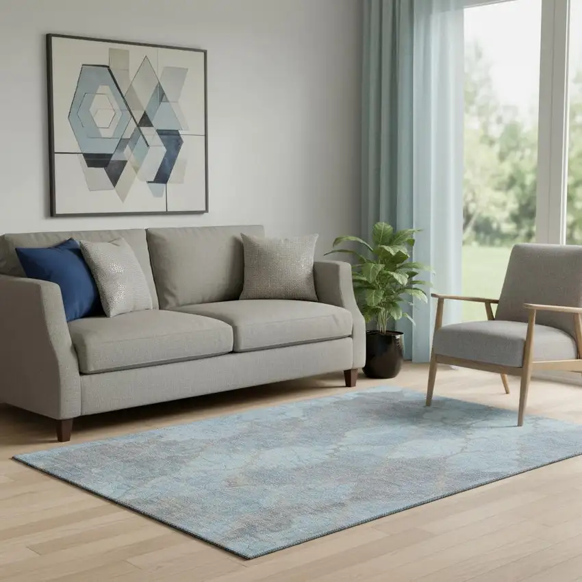 Denim Blue And Beige Damask Washable Area Rug With UV Protection Photo 2