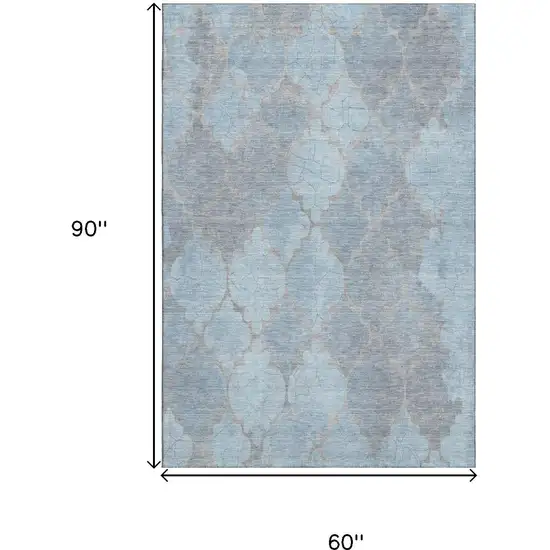 Denim Blue And Beige Damask Washable Area Rug With UV Protection Photo 9