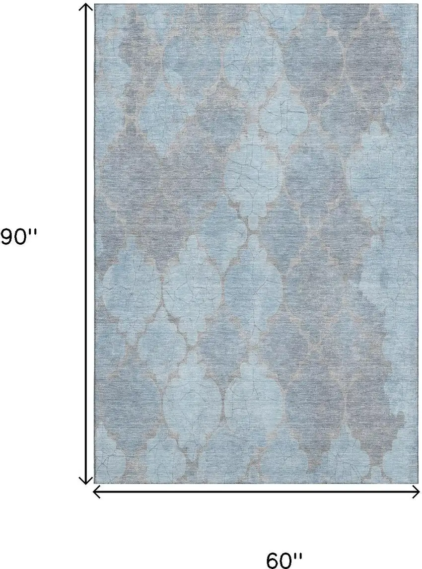 Denim Blue And Beige Damask Washable Area Rug With UV Protection Photo 9