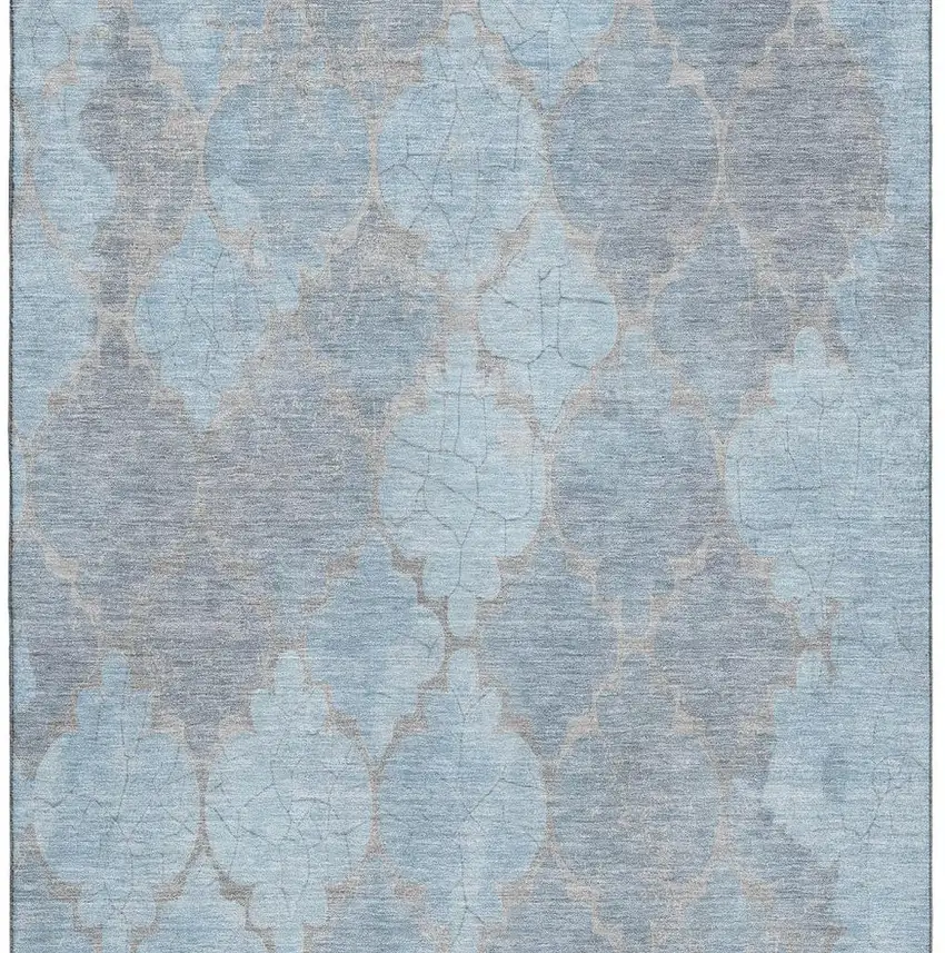 Denim Blue And Beige Damask Washable Area Rug With UV Protection Photo 3