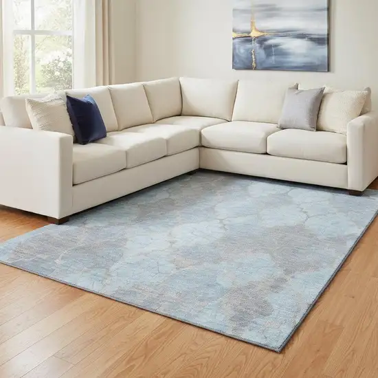Denim Blue And Beige Damask Washable Area Rug With UV Protection Photo 2