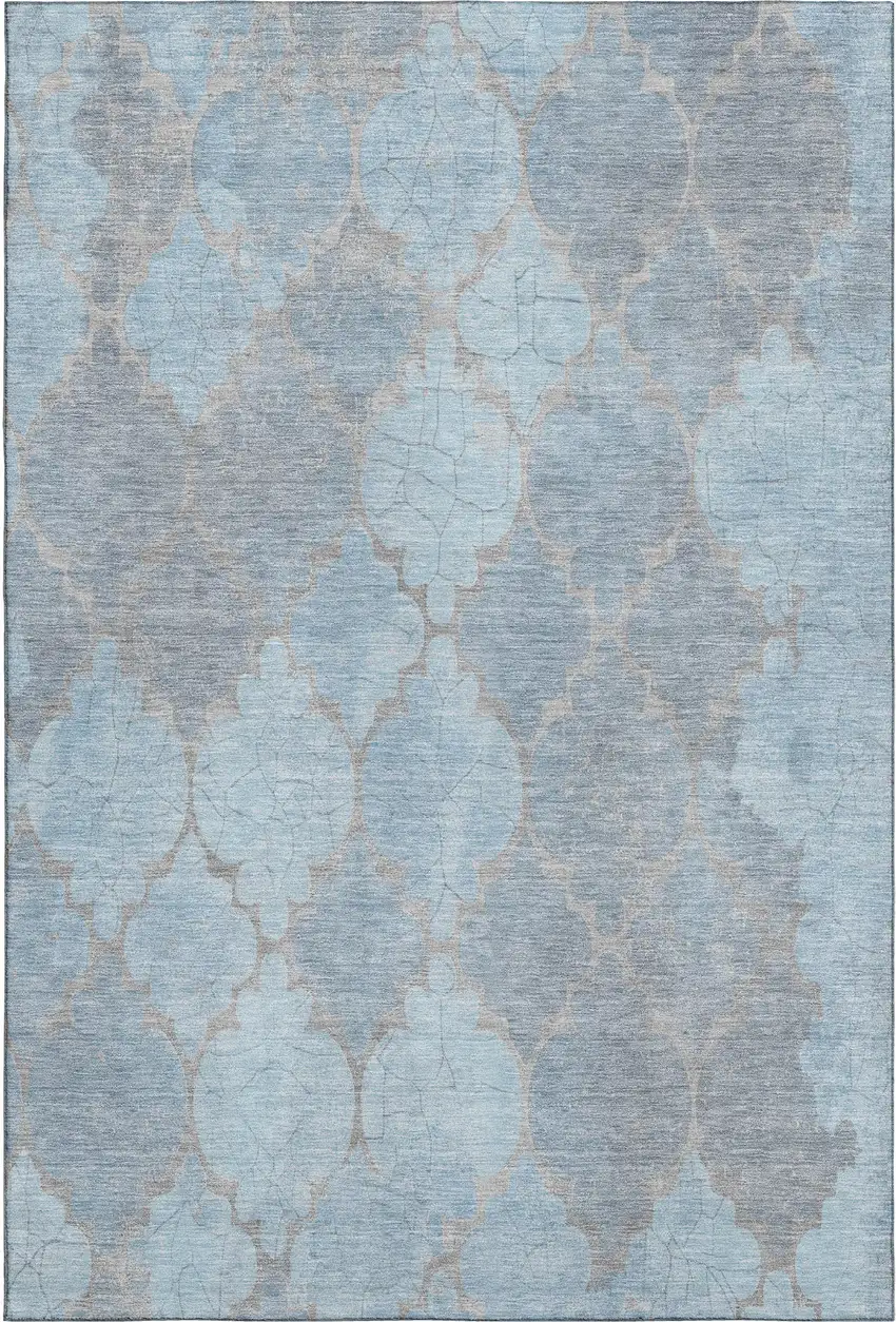 Denim Blue And Beige Damask Washable Area Rug With UV Protection Photo 1