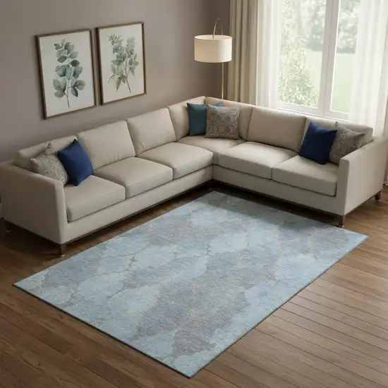 Denim Blue And Beige Damask Washable Area Rug With UV Protection Photo 2