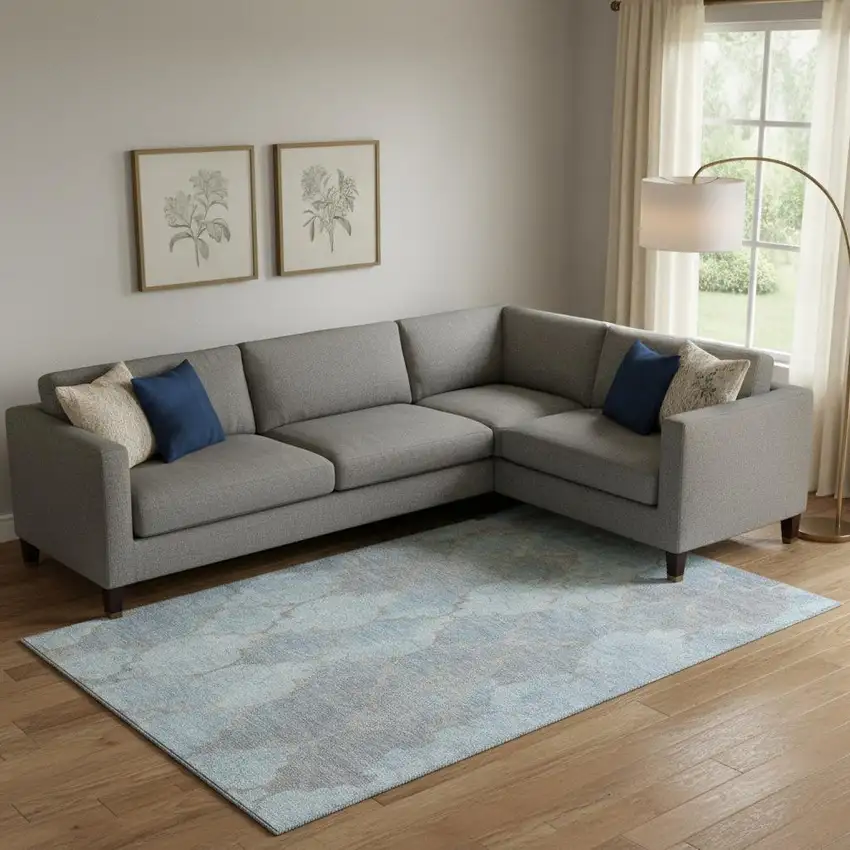 Denim Blue And Beige Damask Washable Area Rug With UV Protection Photo 2