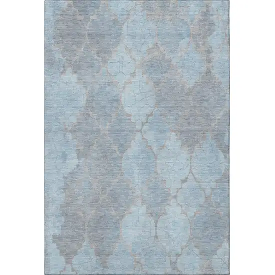 Denim Blue And Beige Damask Washable Area Rug With UV Protection Photo 3