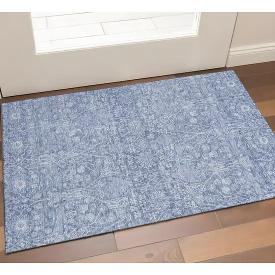 Denim Blue And Beige Floral Washable Area Rug With UV Protection Photo 1