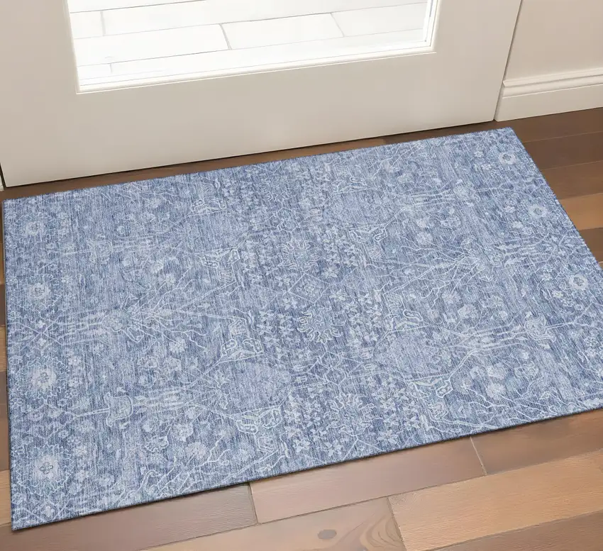 Denim Blue And Beige Floral Washable Area Rug With UV Protection Photo 1