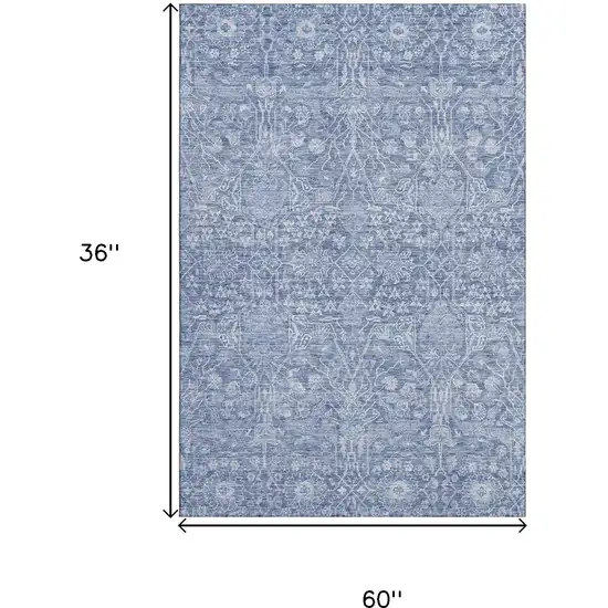 Denim Blue And Beige Floral Washable Area Rug With UV Protection Photo 9