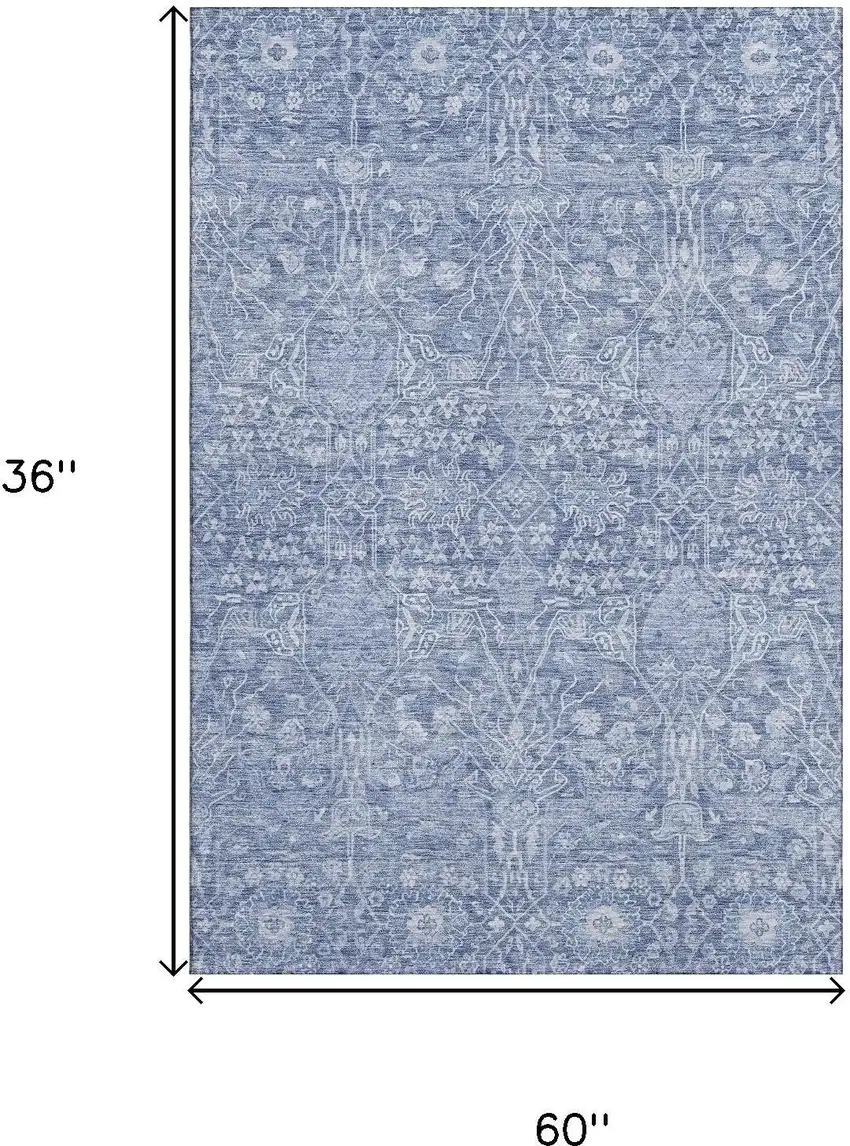 Denim Blue And Beige Floral Washable Area Rug With UV Protection Photo 9