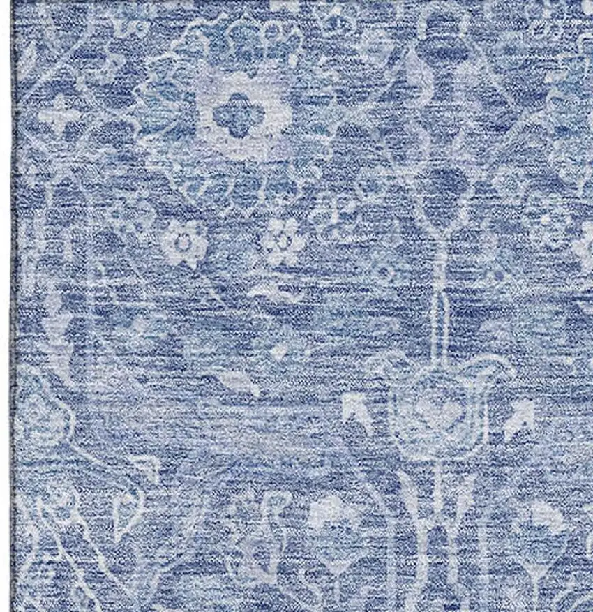 Denim Blue And Beige Floral Washable Area Rug With UV Protection Photo 4