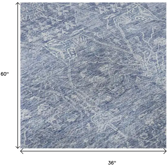 Denim Blue And Beige Floral Washable Area Rug With UV Protection Photo 8