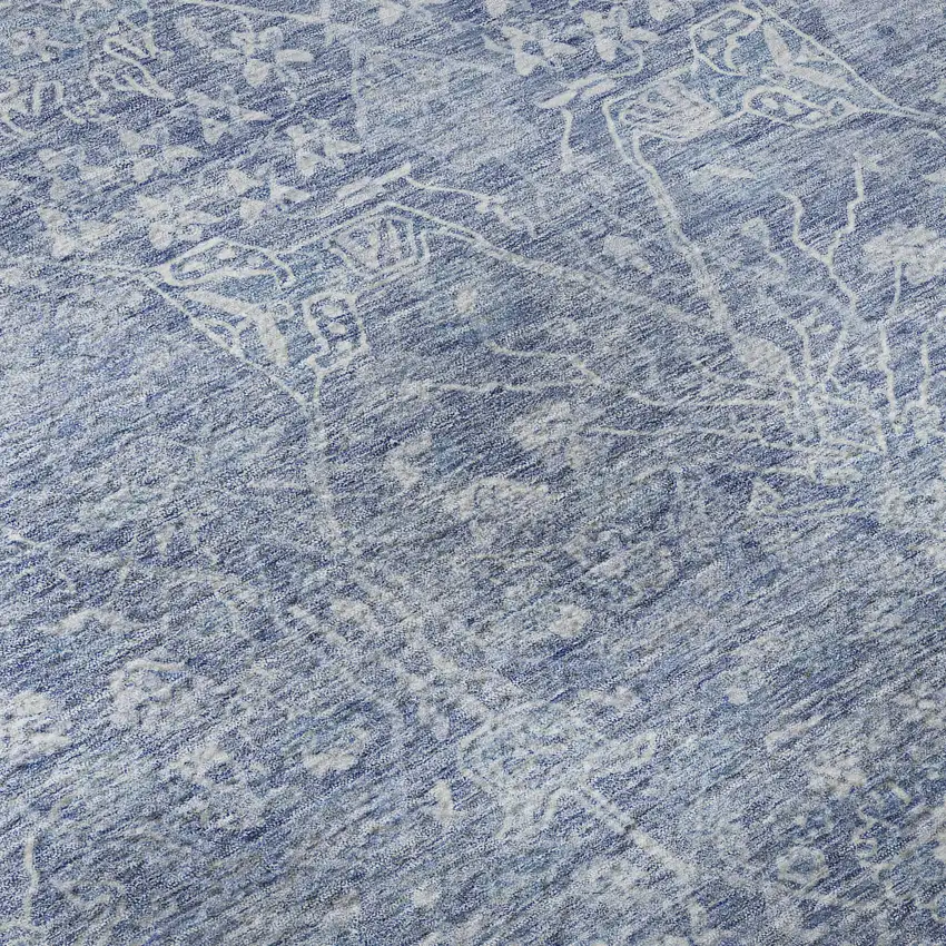 Denim Blue And Beige Floral Washable Area Rug With UV Protection Photo 1