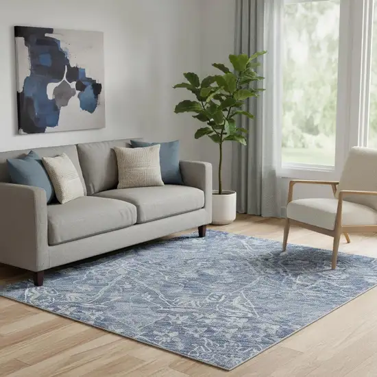 Denim Blue And Beige Floral Washable Area Rug With UV Protection Photo 2