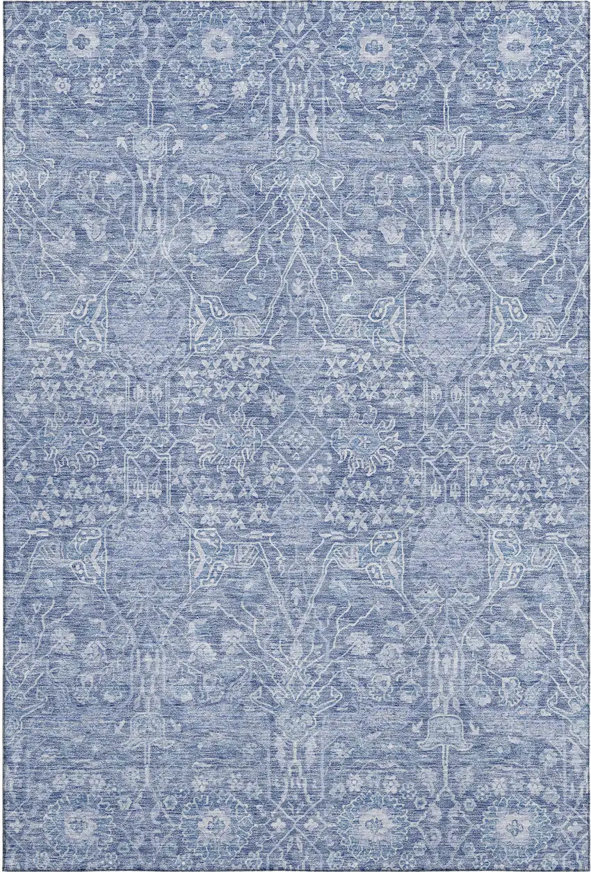 Denim Blue And Beige Floral Washable Area Rug With UV Protection Photo 5