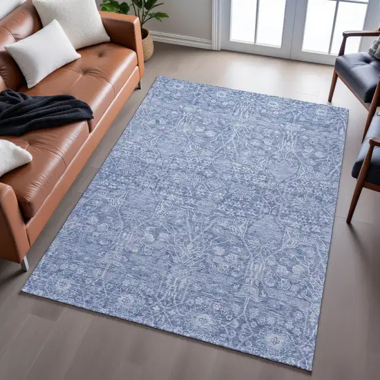 Denim Blue And Beige Floral Washable Area Rug With UV Protection Photo 4