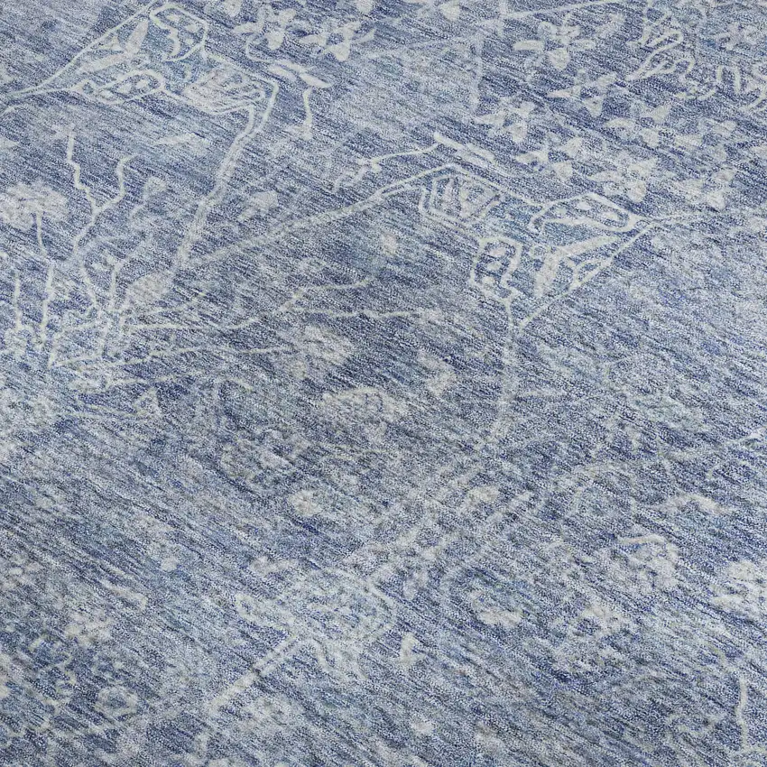 Denim Blue And Beige Floral Washable Area Rug With UV Protection Photo 2