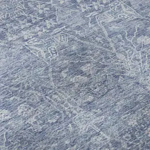 Photo of Denim Blue And Beige Floral Washable Area Rug With UV Protection