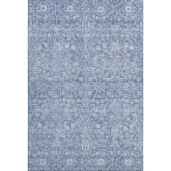 Denim Blue And Beige Floral Washable Area Rug With UV Protection Photo 5