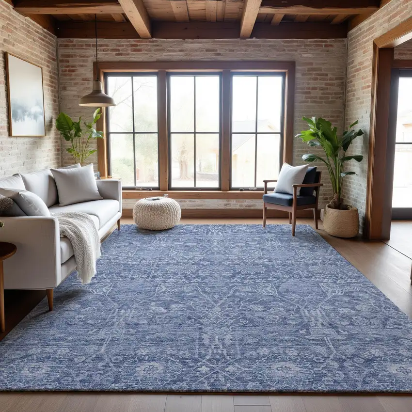 Denim Blue And Beige Floral Washable Area Rug With UV Protection Photo 3