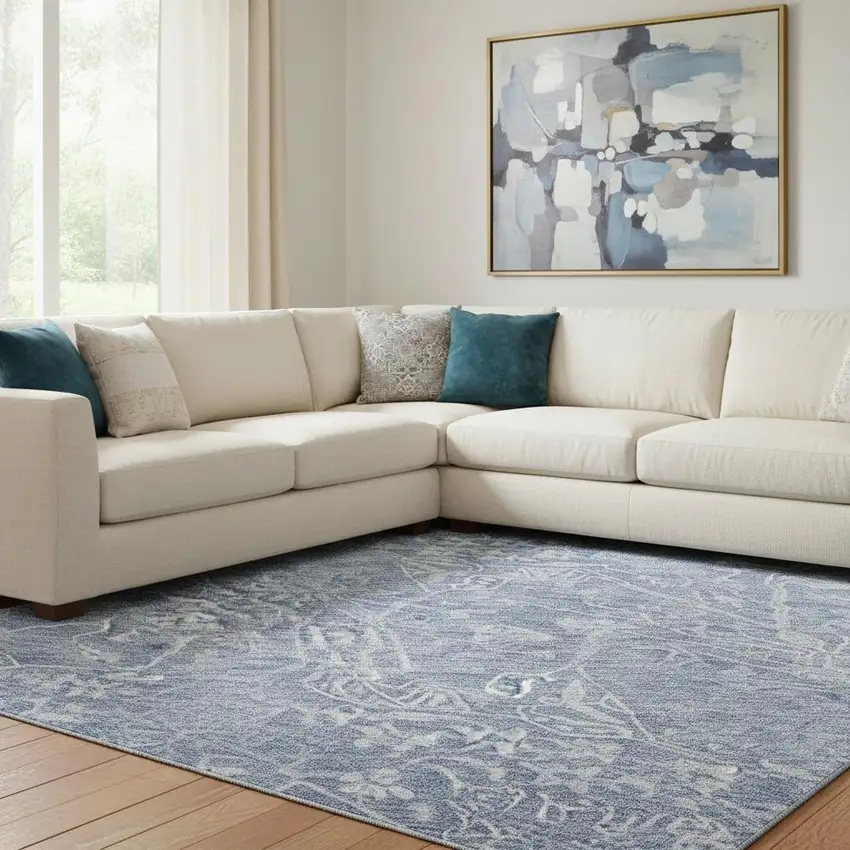 Denim Blue And Beige Floral Washable Area Rug With UV Protection Photo 2