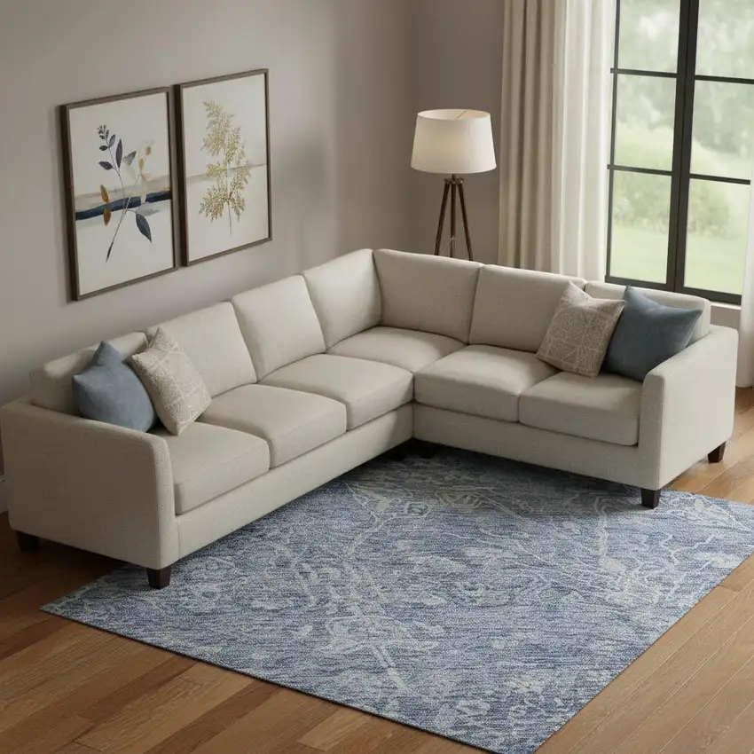 Denim Blue And Beige Floral Washable Area Rug With UV Protection Photo 2