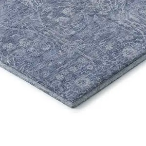 Photo of Denim Blue And Beige Floral Washable Area Rug With UV Protection