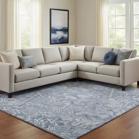 Denim Blue And Beige Floral Washable Area Rug With UV Protection Photo 2