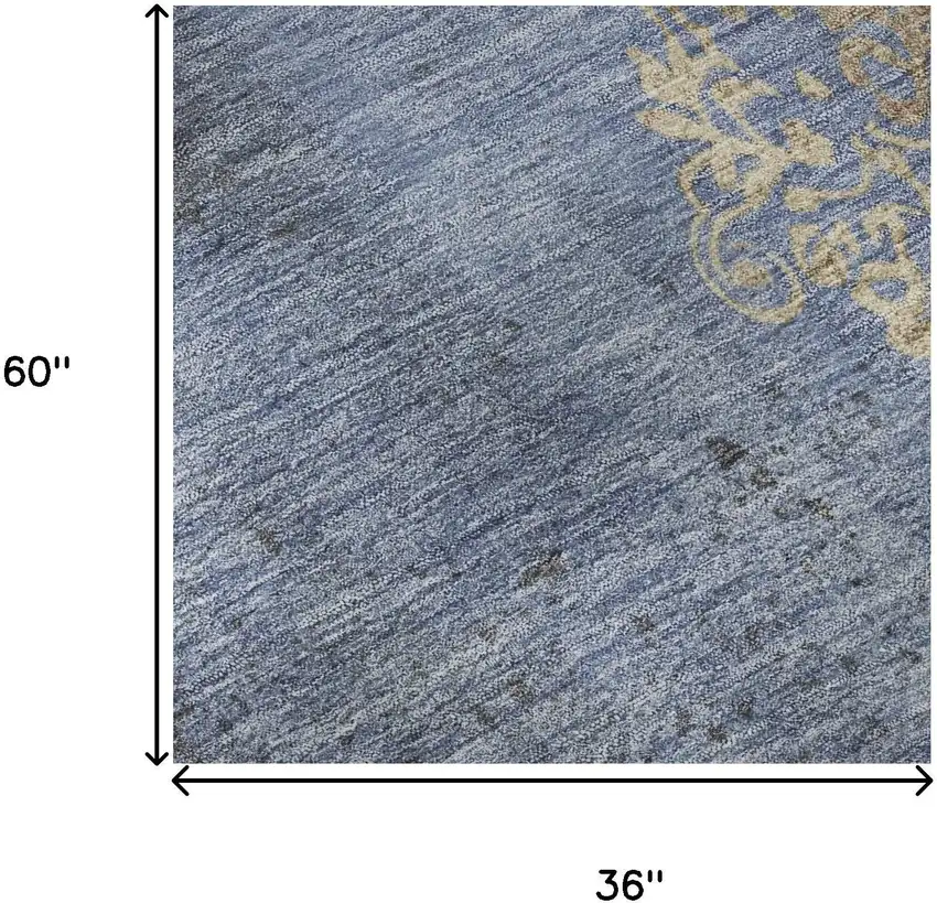 Denim Blue And Beige Floral Washable Area Rug With UV Protection Photo 8