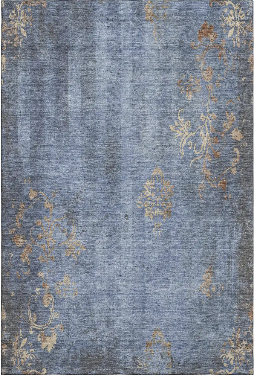 Denim Blue And Beige Floral Washable Area Rug With UV Protection Photo 4