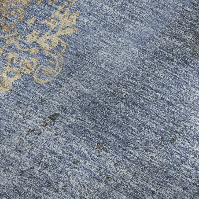 Denim Blue And Beige Floral Washable Area Rug With UV Protection Photo 2