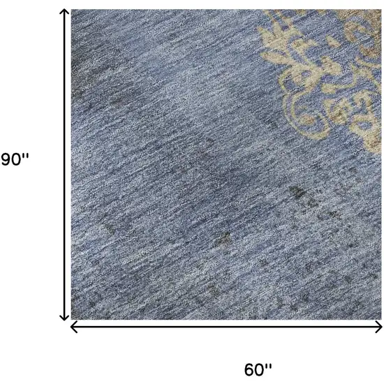 Denim Blue And Beige Floral Washable Area Rug With UV Protection Photo 9