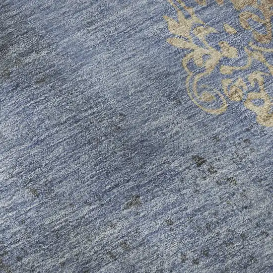 Denim Blue And Beige Floral Washable Area Rug With UV Protection Photo 1