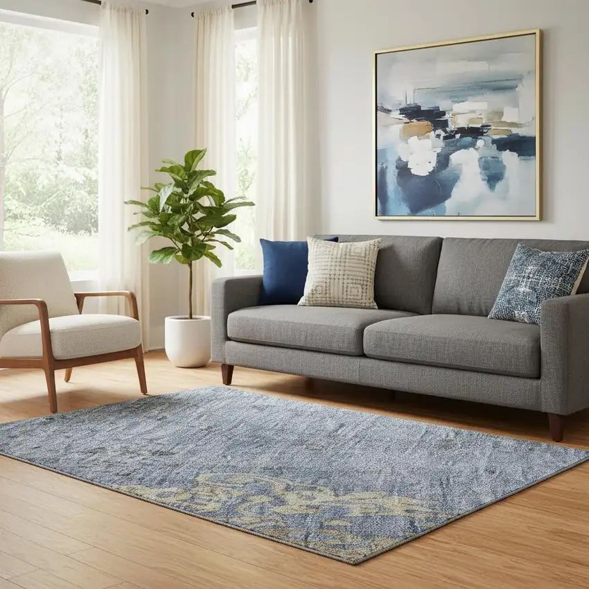 Denim Blue And Beige Floral Washable Area Rug With UV Protection Photo 2