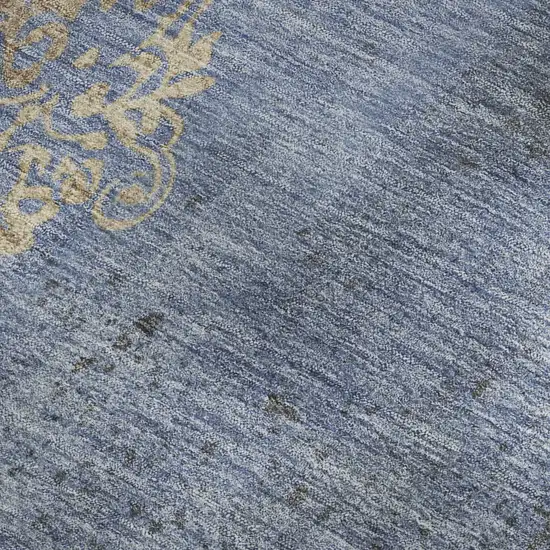 Denim Blue And Beige Floral Washable Area Rug With UV Protection Photo 2