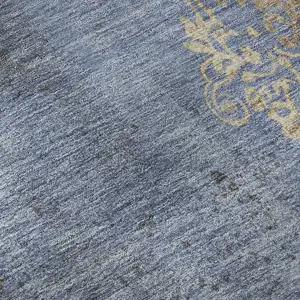 Photo of Denim Blue And Beige Floral Washable Area Rug With UV Protection