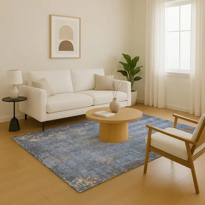 Denim Blue And Beige Floral Washable Area Rug With UV Protection Photo 4