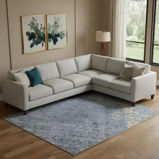 Denim Blue And Beige Floral Washable Area Rug With UV Protection Photo 2