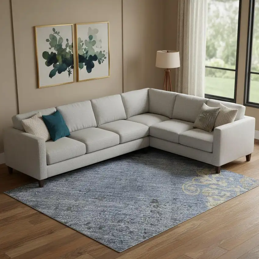 Denim Blue And Beige Floral Washable Area Rug With UV Protection Photo 2