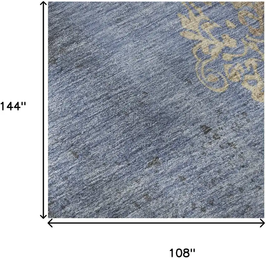 Denim Blue And Beige Floral Washable Area Rug With UV Protection Photo 8