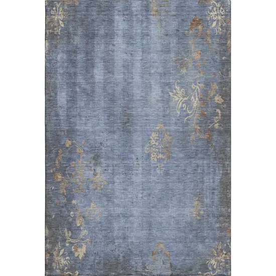 Denim Blue And Beige Floral Washable Area Rug With UV Protection Photo 4