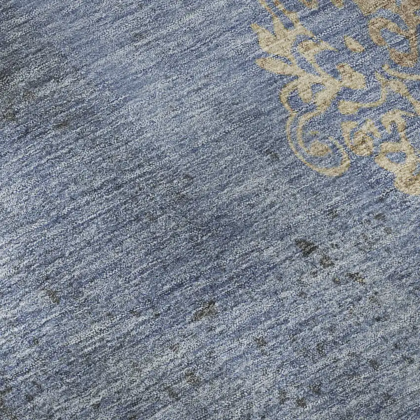 Denim Blue And Beige Floral Washable Area Rug With UV Protection Photo 1