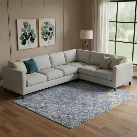 Denim Blue And Beige Floral Washable Area Rug With UV Protection Photo 2