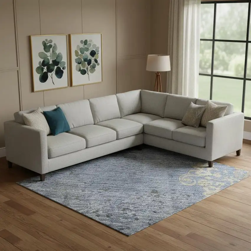 Denim Blue And Beige Floral Washable Area Rug With UV Protection Photo 2