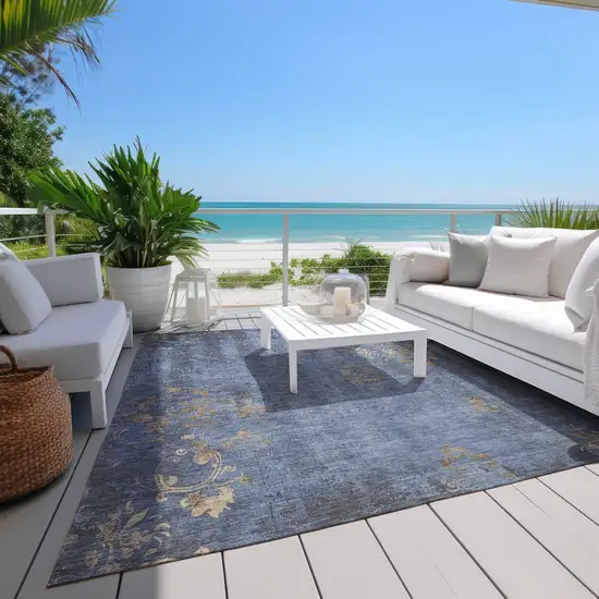 Denim Blue And Beige Floral Washable Indoor Outdoor Area Rug Photo 8