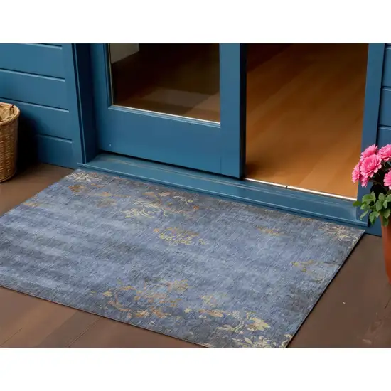 Denim Blue And Beige Floral Washable Indoor Outdoor Area Rug Photo 2