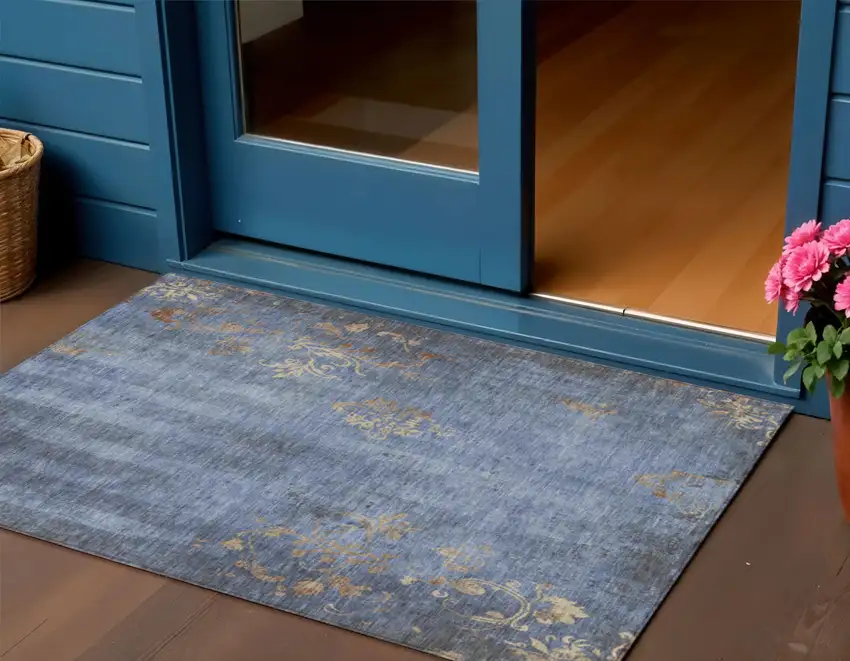 Denim Blue And Beige Floral Washable Indoor Outdoor Area Rug Photo 2