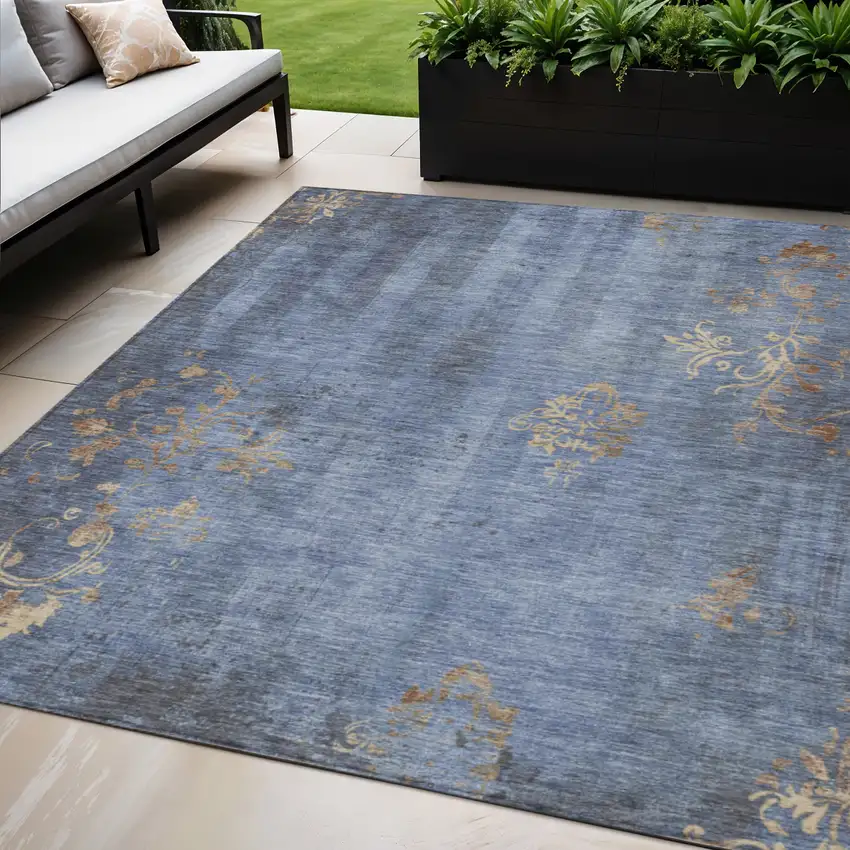 Denim Blue And Beige Floral Washable Indoor Outdoor Area Rug Photo 2