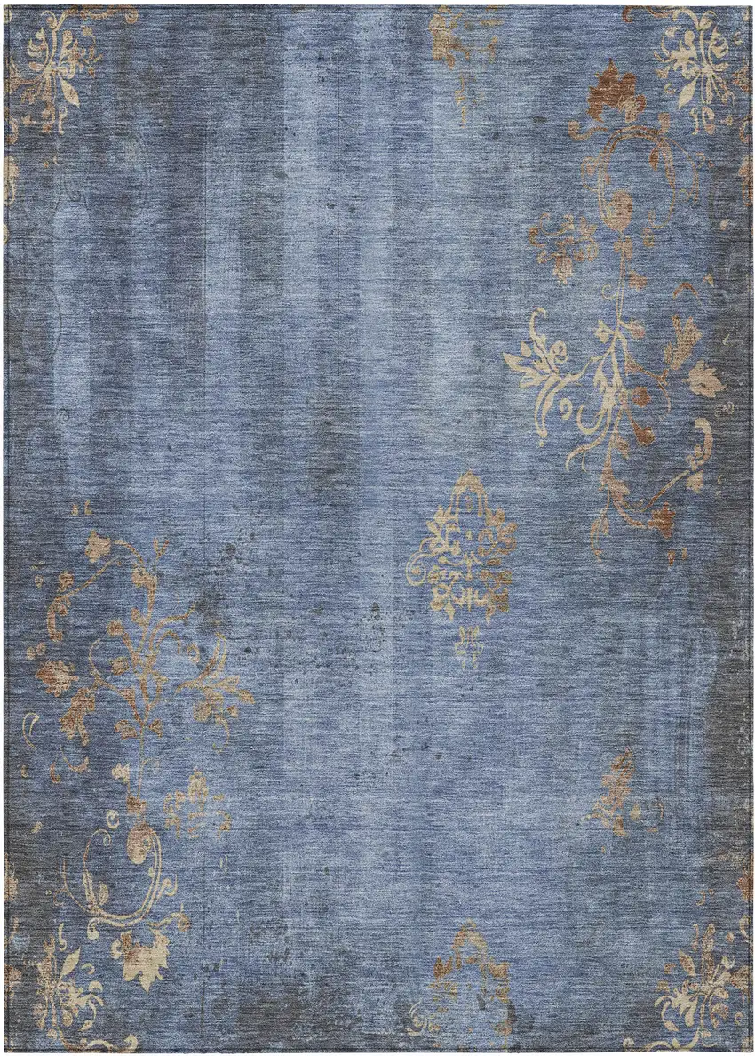 Denim Blue And Beige Floral Washable Indoor Outdoor Area Rug Photo 9